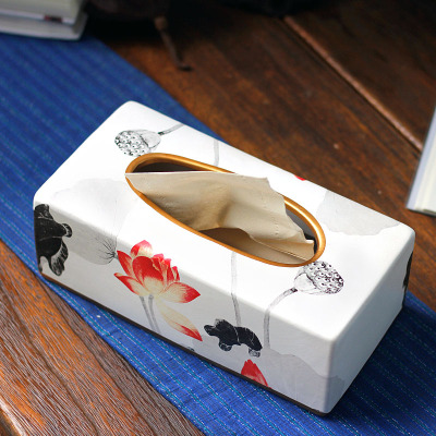 New Chinese lotus tissue box hand-painted handicraft decoration ceramic decoration practical decoration