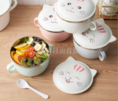 Ubisch children's cutlery infant feeding cute cat stainless steel bowl large double ears insulated bowl spoon