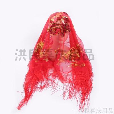 Sequined dragon and phoenix bride red cap Chinese style wedding word lace lace traditional wedding bride wedding products fringe cap