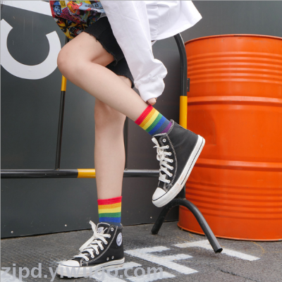 Colorful rainbow socks women's tube socks stripe Japanese trend socks Korean candy color summer thin