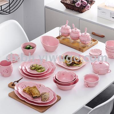 Pink sakura ceramic tableware set household plate simple dish rice bowl spoon web celebrity free combination tableware