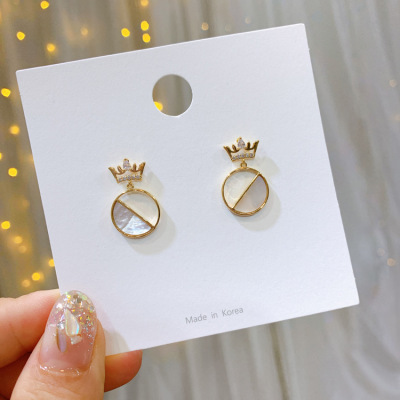 2019 New Korean Style Popular Earrings Crown Micro-Inlaid Short Elegant Real Gold Earrings