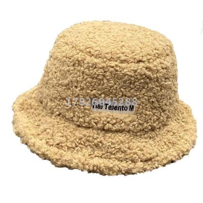 Hat female ins lamb dovetail alphabet embroidery fisherman 's Hat of autumn and winter thermal plush basin Hat