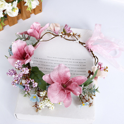 Bridal wedding hair accessories pink lace flower headband handmade fabric photo tiara
