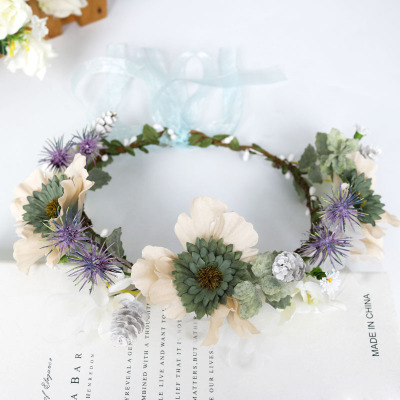 European and American wedding hair accessories retro blue sunflower wreath checking bow ribbon hair band headdress
