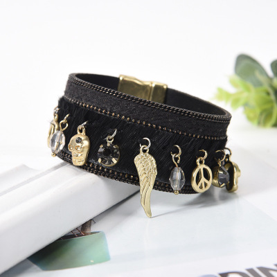 2019 European and American New Skull Tassel Bracelet Personalized Hip Hop Magnetic Buckle Bracelet Couple Bracelet Factory Wholesale