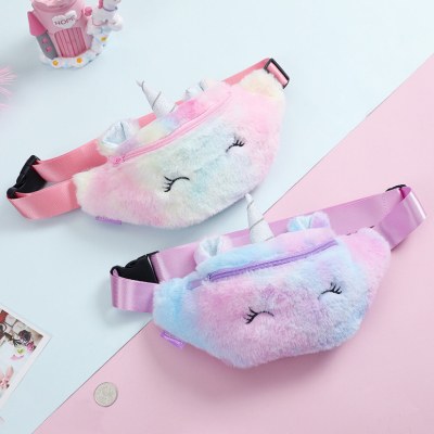 The Unicorn winter children 's plush knapsack Unicorn cartoon one - shoulder crossbody bag girl student express bosom bag