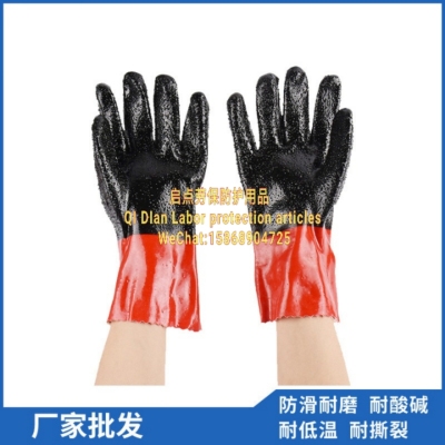 Manufacturers supply 30cm red and black particle antiskid gloves acid and alkali immersion rubber gloves PVC open