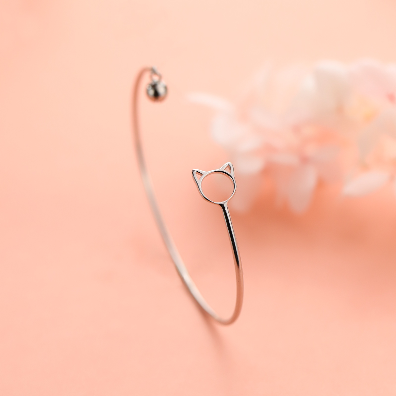 925纯银猫咪铃铛开口手镯韩版小清新学生森系首饰礼物女