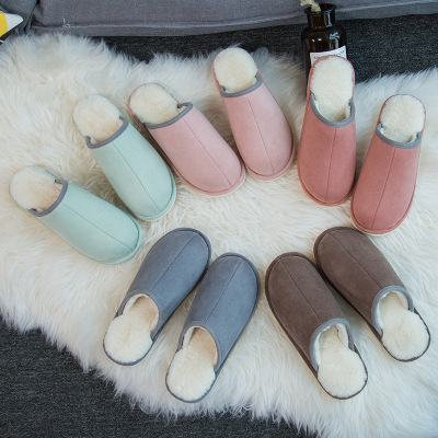 2019 Winter New Pure Color Suede Warm Men and Women Couple Cotton Slippers Simple Home Non-Slip Thick-Soled Cotton Slippers