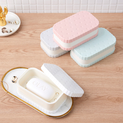 Simple square plastic soap box with cover dustproof soap rack bathroom double layer moisture breathable soap drag