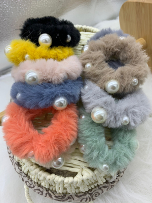 Autumn and winter Warm mink Pearl hair ring versatile stuffed bun Head Rubber Band