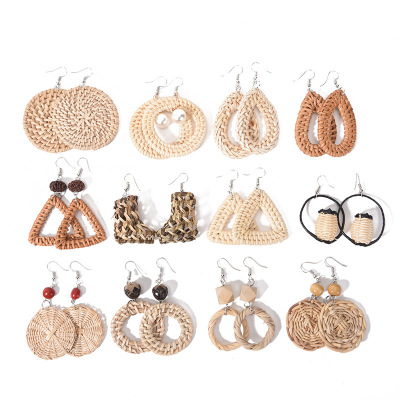 Wish New European and American Fashion Popular Retro Exaggerated Straw Circle Holiday Eardrops Ear Hooks Earrings Supply Wholesale