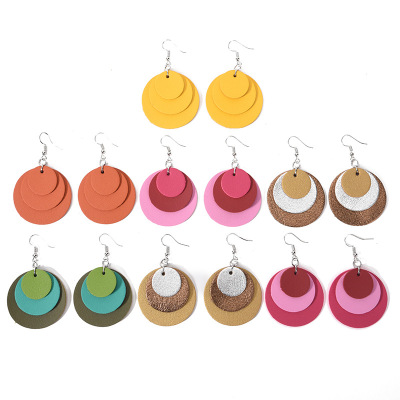Factory Direct Sales Cool Simple Fashion Women's Circular Earrings European and American Style Retro Three-Layer Cowhide Large Wafer