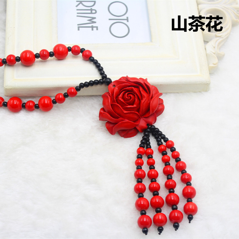 厂家直销项链赠品漆雕玫瑰花仿朱砂毛衣链民族风长款礼品项链女