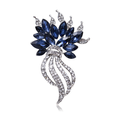Crystal glass brooch ink blue diamond alloy brooch rose gold white K water drill brooch manufacturers direct spot supply