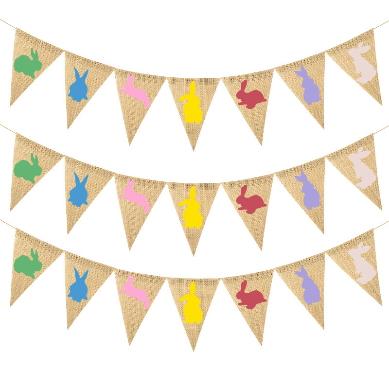 Factory Direct Sales Amazon Hot Sale Party Decoration Supplies Linen Triangle Latte Art Easter Color Rabbit Hanging Flag