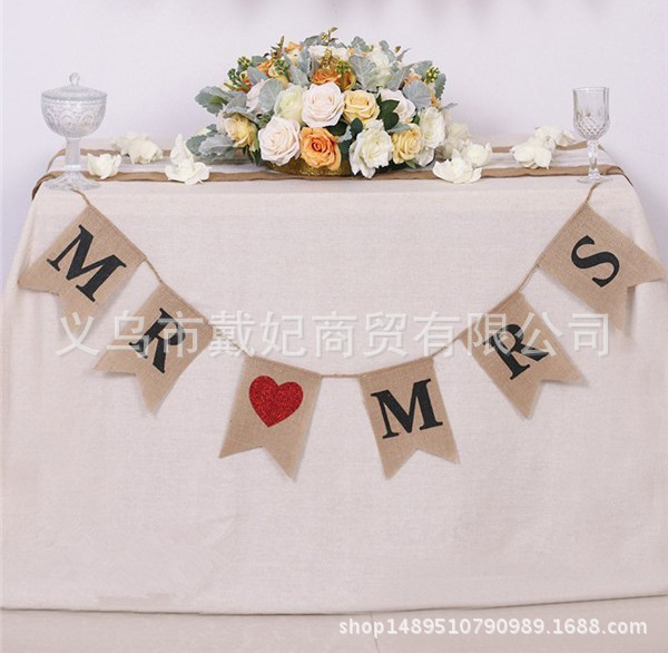 Mr Mrs Love Heart Pennant Banner Burlap Wedding Party Decoration Wedding Dovetail Hanging Flag Photo Props 