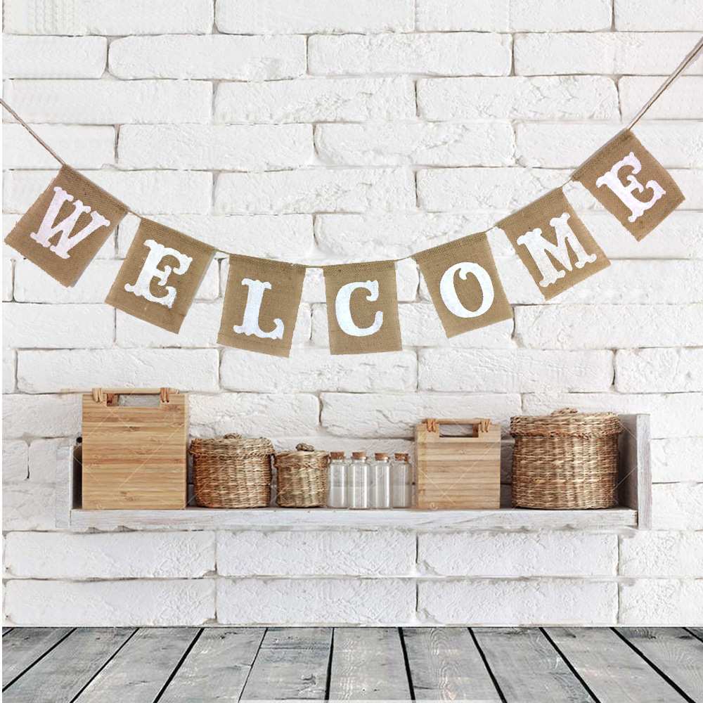 factory direct wedding festival party welcome garland hanging flag welcome shooting props welcome linen flag