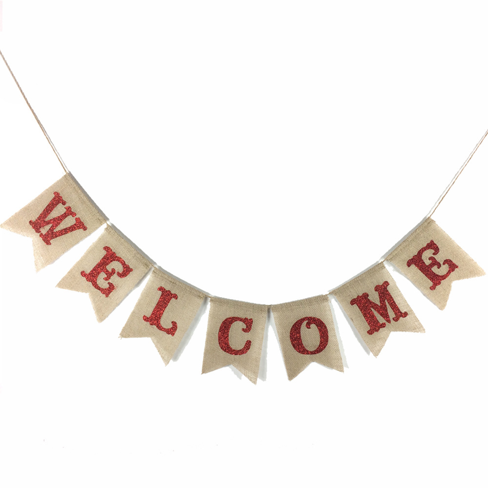 Welcome Garland Hanging Flag Linen wedding Welcome Shooting Props Welcome Linen Bright Pink Swallowtail Flag 