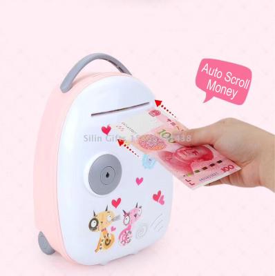 Slingifts Cartoon Electronic Suitcase Piggy Bank Cash Coin Can Auto Scroll Paper Money Saving Box for Children Kids 