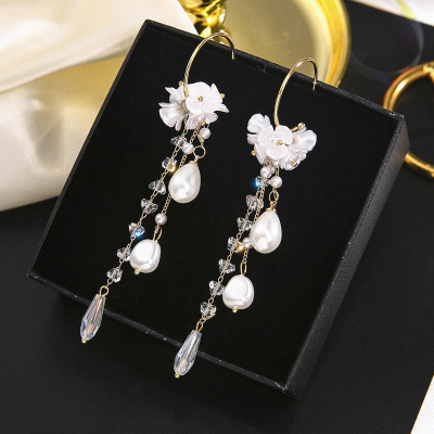 Silver needle long tassel crystal chain earrings female shell pendant cool studs 2019 new fashion summer