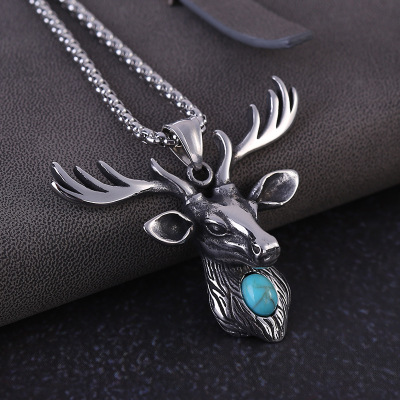 Christmas elk ornaments new men 's stainless steel necklace wholesale Christmas deer head set turquoise pendant gift