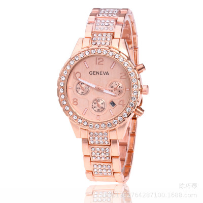 Foreign Trade Spot Goods Geneva Three-Eye Diamond Single Calendar Quartz Watch Steel Belt Man's and Woman's Watch