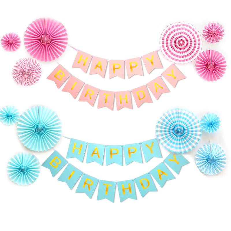 large and small birthday party pull flag white black pink blue color happy birthday gilding letters pull flower