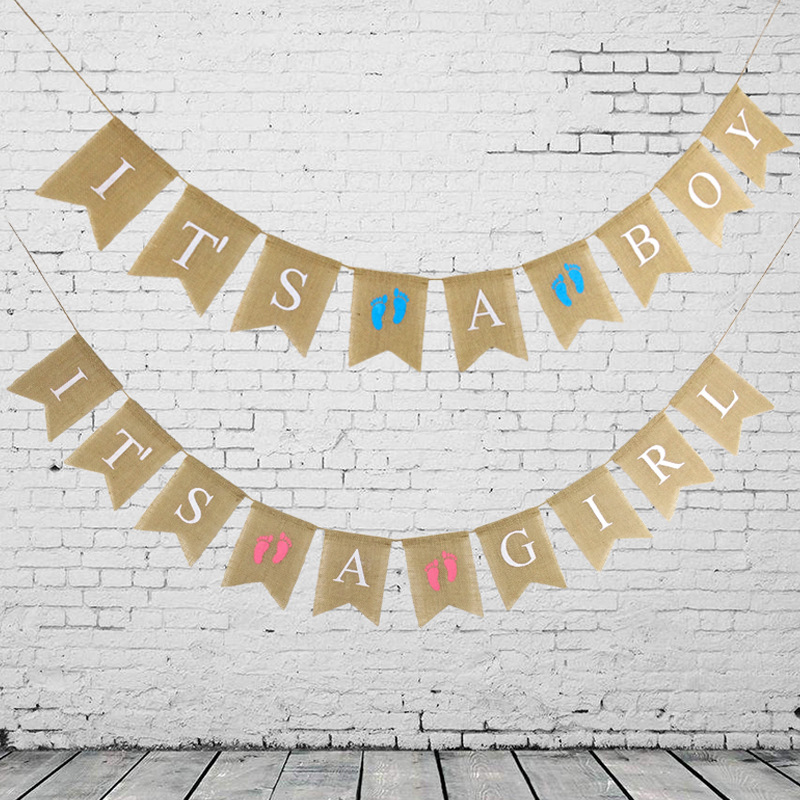 Factory Direct Sales Birthday Party It‘s a Boy It‘s a Girl Footprints Burlap Hanging Flag Swallowtail Flag String Flags