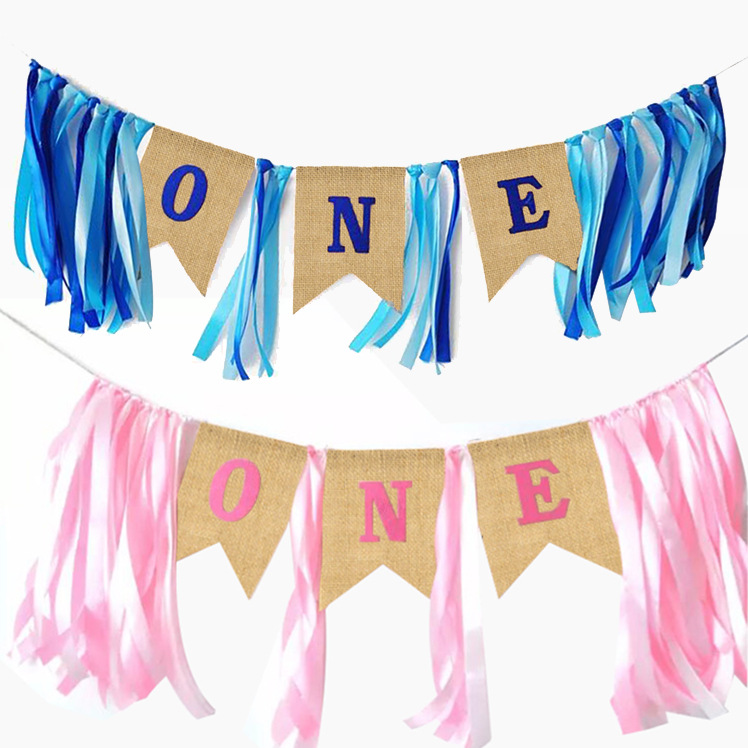 factory direct gradient boys and girls year-old ribbon linen garland birthday one party dining chair decoration hanging flag