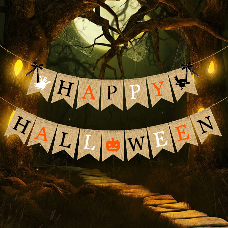 Halloween Party Decoration Garland String Flags Bow Pumpkin Happy Hall Ween Linen Dovetail Hanging Flag 