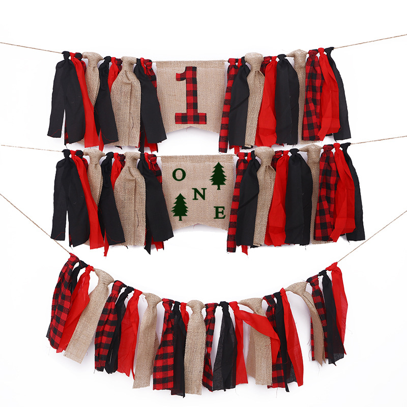 Red Plaid Christmas Lumberjack Party banner Decoration One Baby Year Old Dining Chair Pull Flag Fabric Hanging Flag