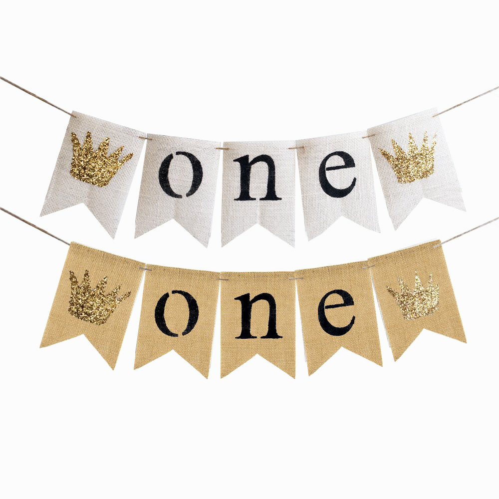 Factory Direct Sales Baby 1 Year Old Birthday Party Decoration Dovetail Pull Flag Garland Crown One Linen Dovetail Flag 