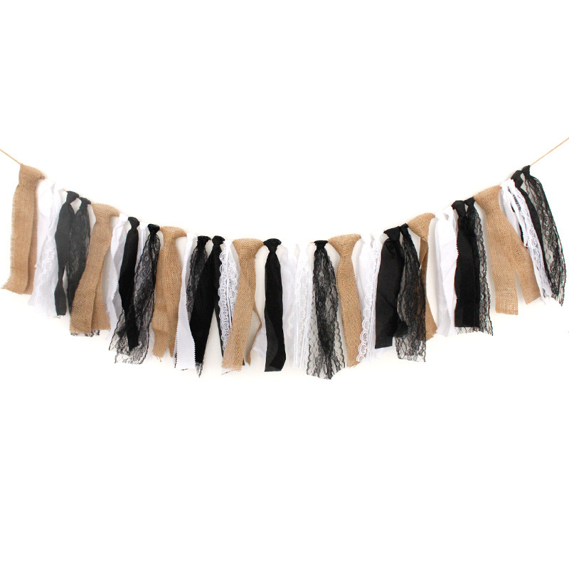 Factory Direct Sales European and American Halloween New Party Decoration Garland String Flags Black White Linen Lace Hanging Flag
