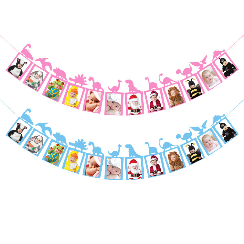 european and american baby birthday party photo decoration garland pink blue dinosaur theme photo wall hanging flag