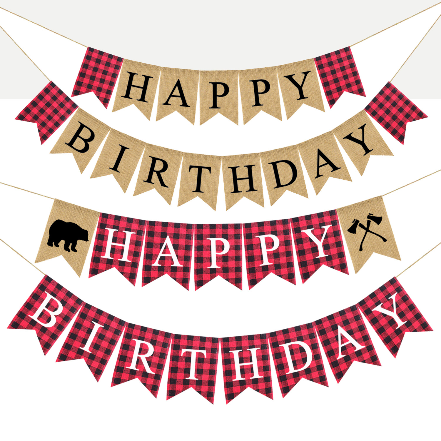 birthday party decoration hanging flag red plaid happy birthday lumberjack burlap dovetail flag