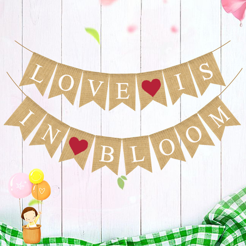 factory direct wedding string flag wedding party decoration garland love is in bloom burlap dovetail pull flag