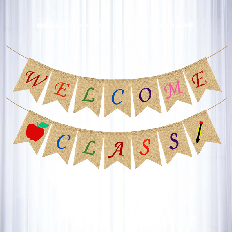 欧美返校季教室装饰用品 苹果铅笔拉旗 WELCOME CLASS麻布燕尾旗
