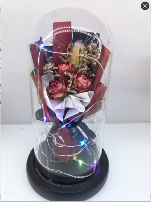Glass Cover with Light, Dried Flowers Bouquet, Eternal Flower Bouquet