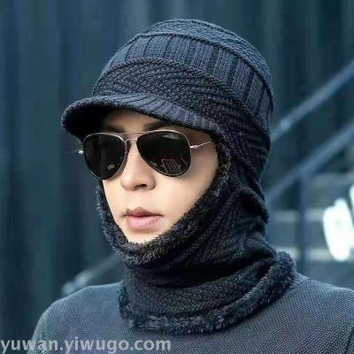 Hat Men's Winter Fleece-Lined Thickened Woolen Cap Keep Warm and Windproof in Winter Hooded PNE-Piece Suit Korean Knitted Sleeve Cap