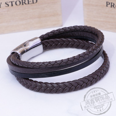 Titanium steel handwork leather rope bracelet men 's stainless steel leather braided bracelet manual multi - layer leather bracelet jewelry