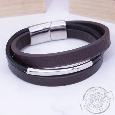 Leather rope men's bracelet Korean version of rigid male personality titanium steel multi-layer simple teenager bracelet jewelry