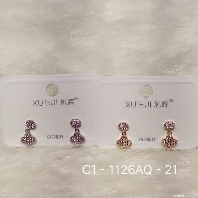 S925 silver needle maple leaf earring copper plated genuine gold set 4A zircon simple fashion high quality accessories