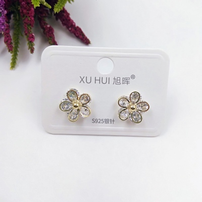 Yiwu S925 silver needle diamond earring copper plated genuine gold set 4A zircon simple fashion high quality jewelry