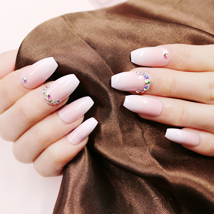现货欧美24片短款芭蕾穿戴美甲渐变美甲加工点钻假指甲撕膜即用