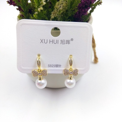 S925 silver needle bow knot pearl stud copper plated gold set 4A zircon simple fashion high quality jewelry
