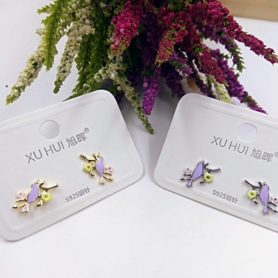 S925 silver needle colored bird earring copper plated genuine gold set 4A zircon simple fashion high quality accessories