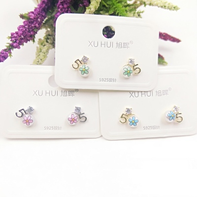S925 silver pin 5 - word small stud copper plated gold set 4A zircon simple fashion high - quality accessories