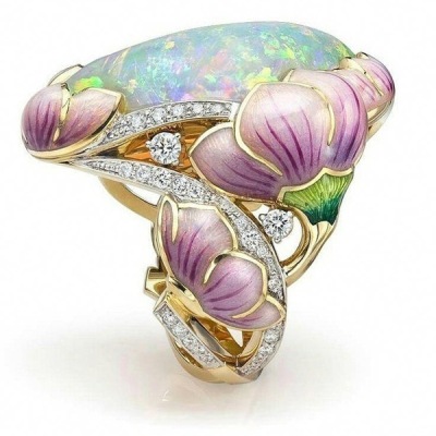 Rongyu Ornament Cross-Border Hot New Enamel Opal Painted Ring European and American Popular Flower Party Ring Female